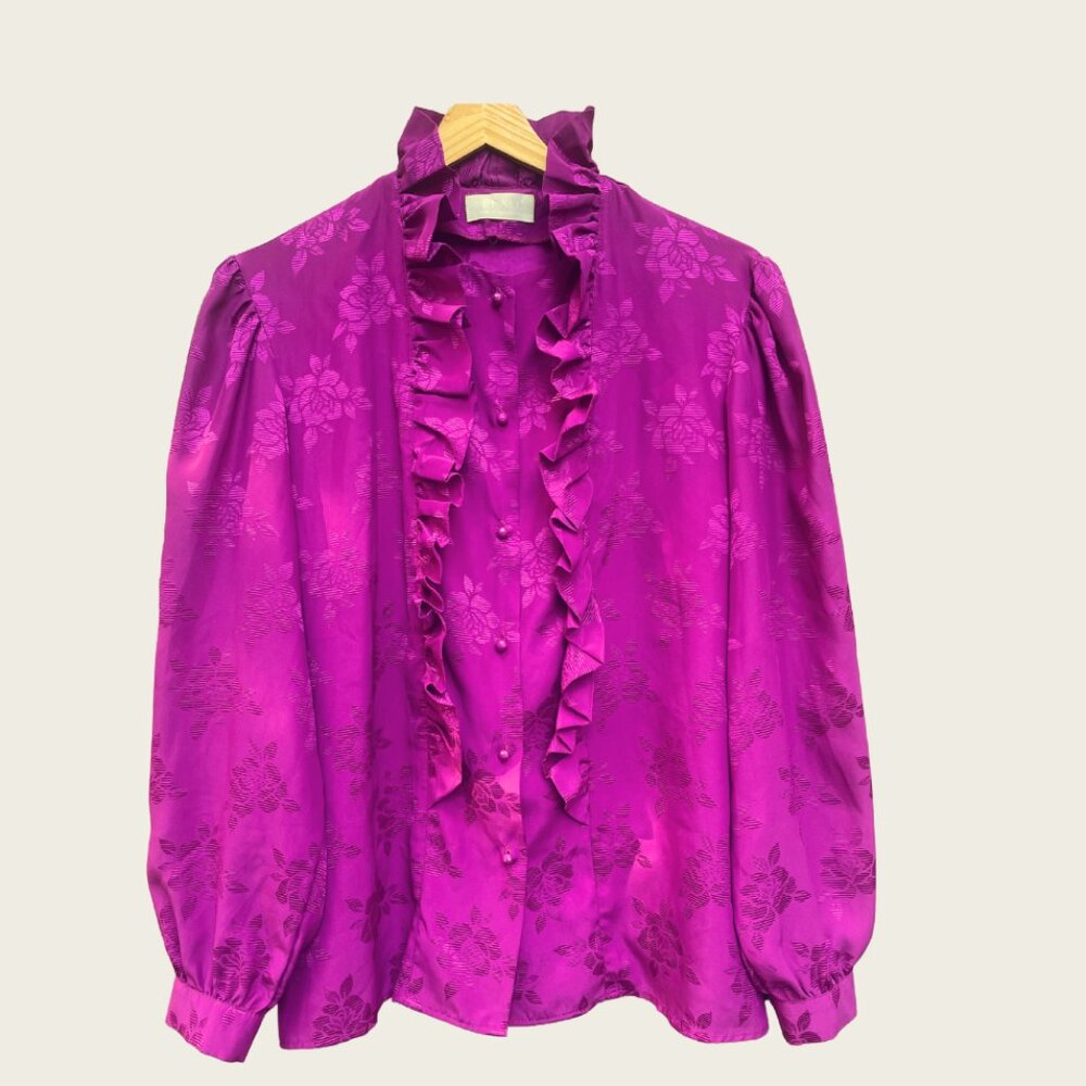 Vintage Fuchsia Ruffle Blouse Jacquard Floral Satin Long Sleeve Statement Top